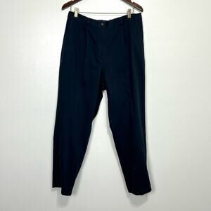 LL Bean Pleated Cotton Pants 14P Womens Navy Blue Elastic Button Front Classic